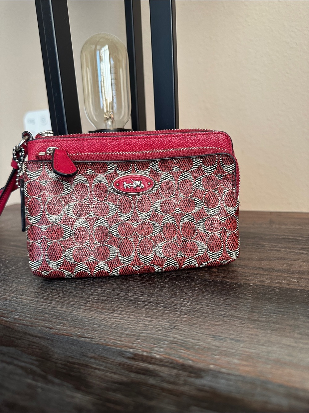 Coach Red Signature Wristlet Clutch with Silver Logo